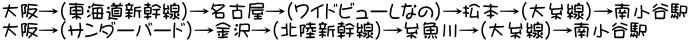 大阪→（東海道新幹線）→名古屋→（ワイドビューしなの）→松本→（大糸線）→南小谷駅  大阪→（サンダーバード）→金沢→（北陸新幹線）→糸魚川→（大糸線）→南小谷駅